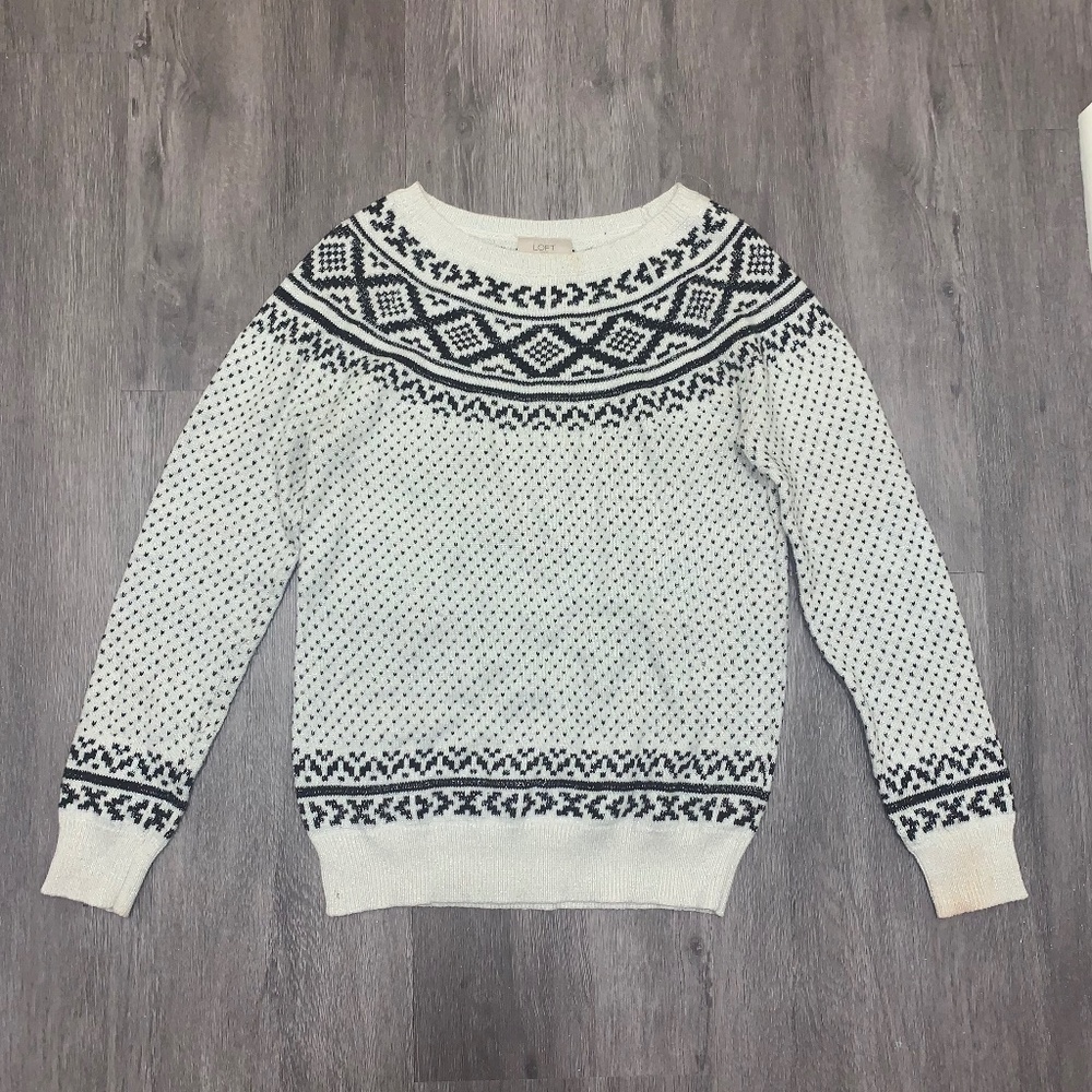Loft Printed Cream and Silver Sweater: SIZE Small
